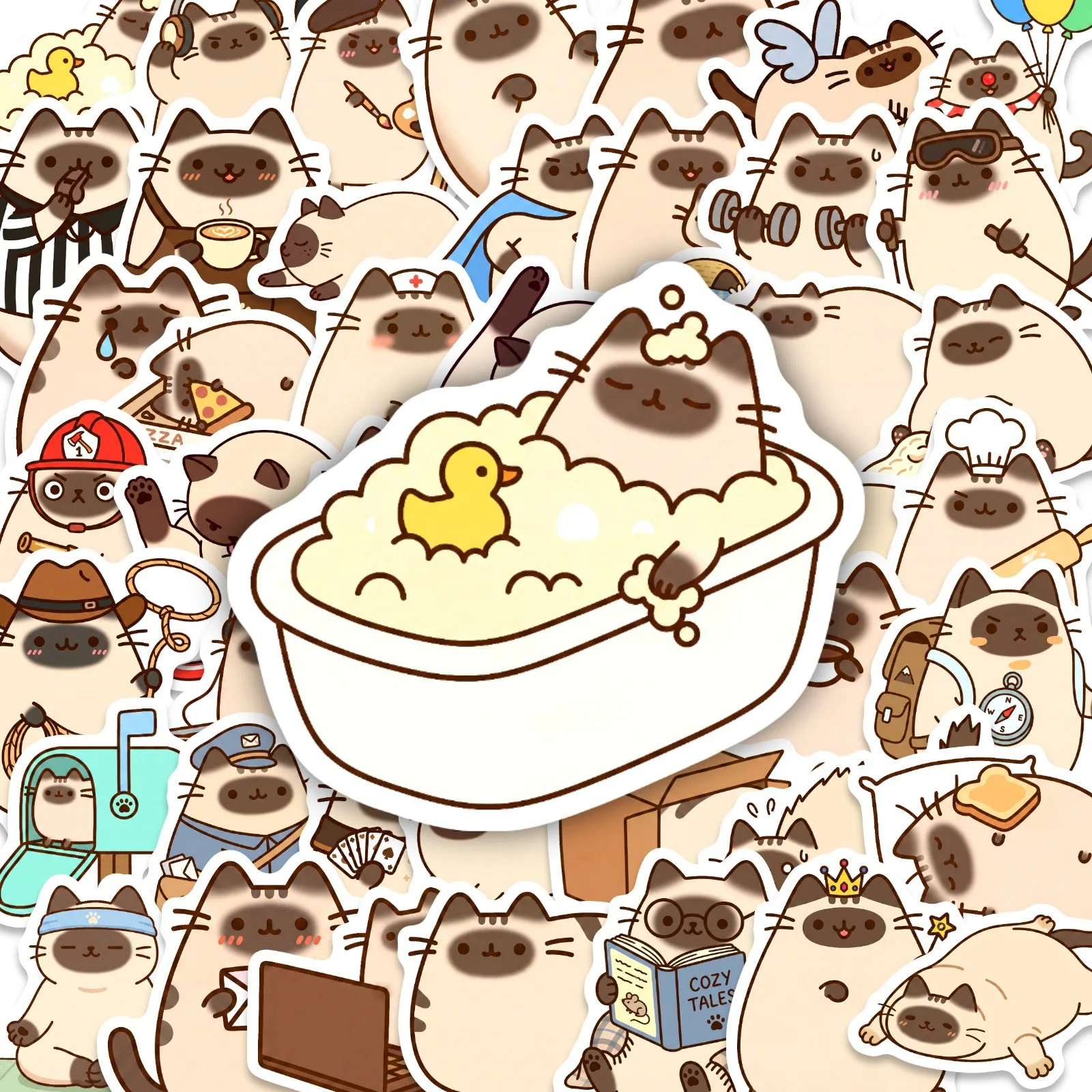 50Pcs Siamese Cat Daily Life Stickers Cute Funny Cat Decals for Journal Planner Water Bottle Laptop Scrapbooking Decoration