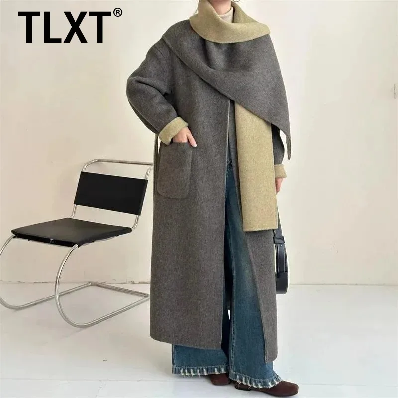 

TLXT fashion women's Color-Block Scarf Collar Large Pocket Drop Shoulder Double-Faced Woolen Coat Winter Niche Design Overcoat