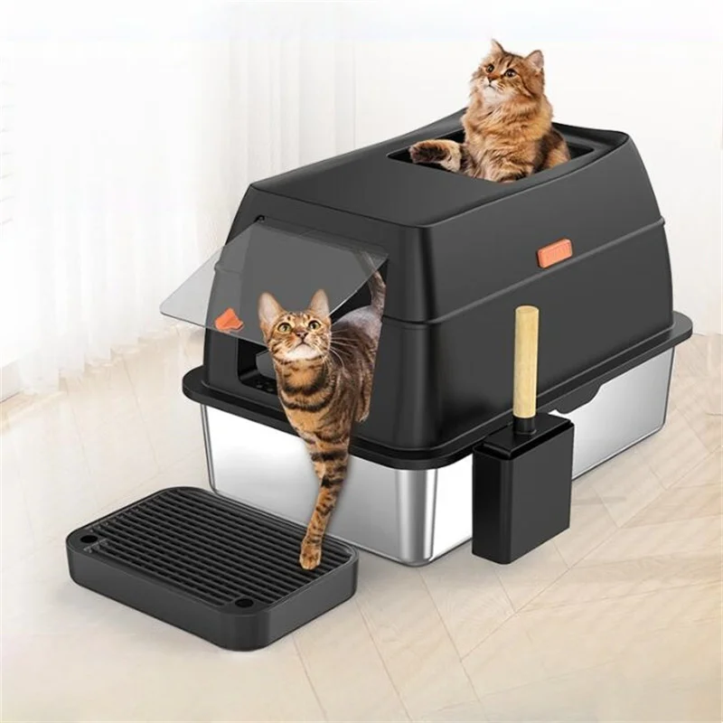 

Stainless Steel Litter Box Cat Sandboxes Rectangular Housebreaking Large Covered Toilet With Lid Easy Cleaning Fully-Closed