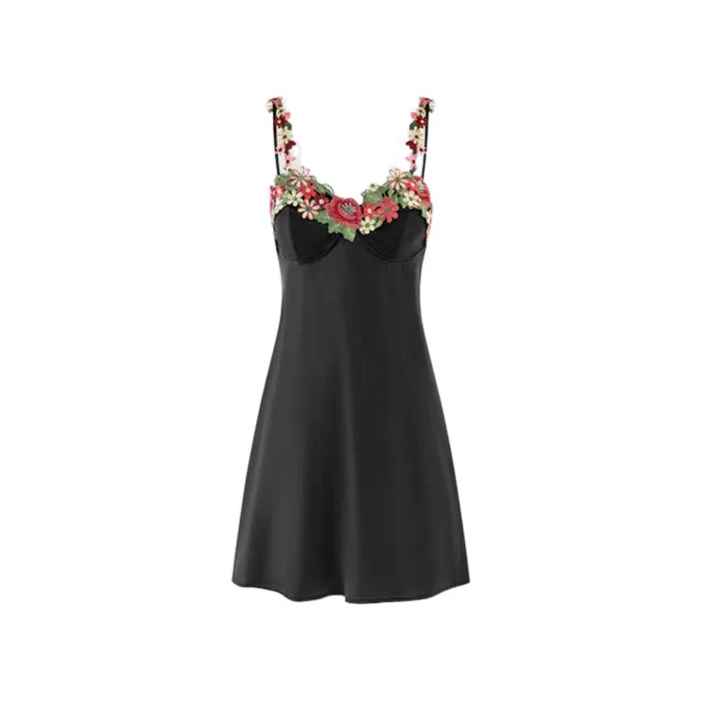 

Flower Embroidery Women's Pajama Dress Beauty Back Thin Satin Silk Suspender Nightdress Sleepwear Sleeveless