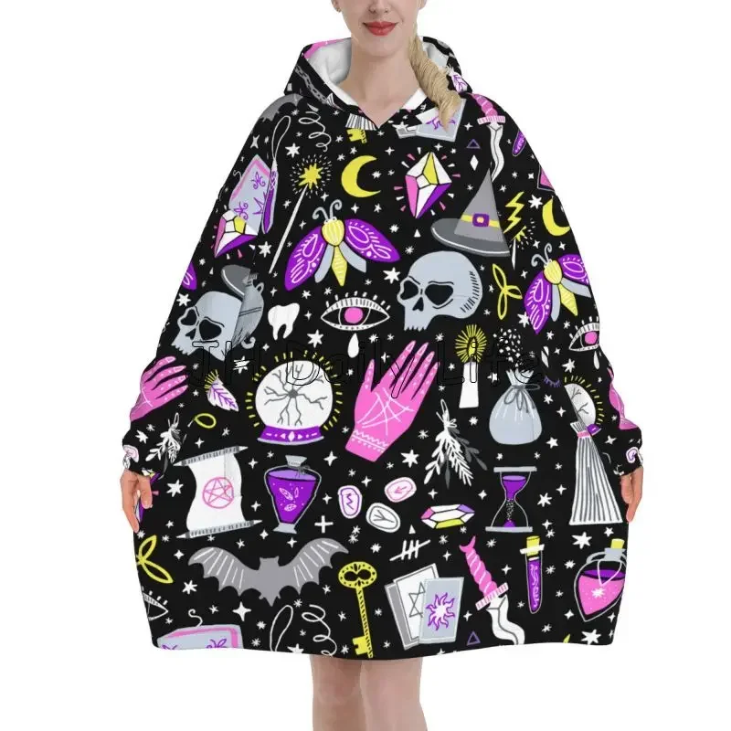 Magic Witchy Goth Oversized Blanket Hoodie Women Wearable Flannel Pullover Sweatshirt Warm Fleece Sherpa Blankets with Pockets