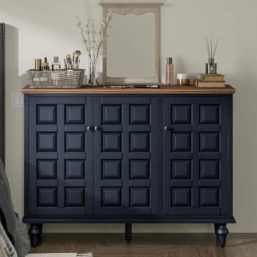 Retro 3 Door Storage Cabinet with Plaid Pattern Front, Rustic Side Table with Push-to-Open Doors for Bedroom, Living Room, Handl