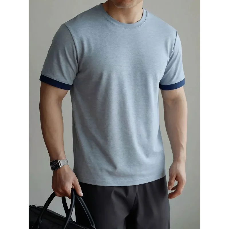 Men Air Layer Cotton T Shirt Color Block Cuff Crew Neck Wrinkle Resistant Solid Short Sleeve Daily Top