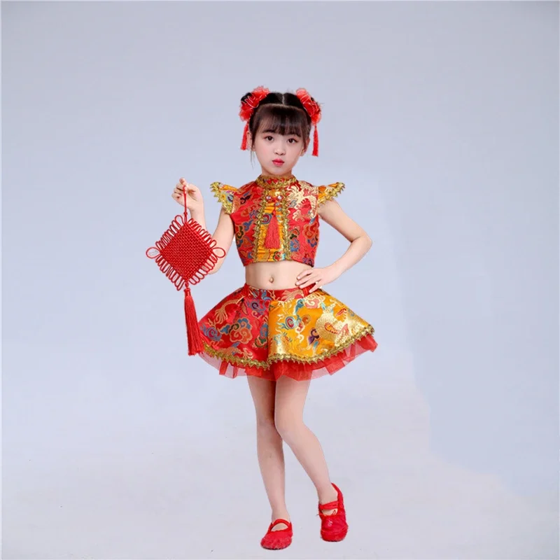 Children's festive yangko costumes for boys and girls Chinese wind drum costumes rap China red dance performance costumes.