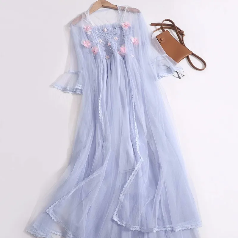 Two-piece Set Women Tie Bow Lace Cardigan + Flowers Beading Mesh Spaghetti Strap Dresses Female Seaside Holiday Long Vestidos