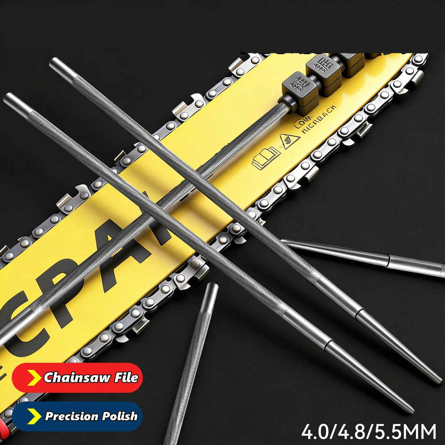 3pcs Chainsaw File Set with Handle 4/4.8/5.5mm Steel Precision Double Cut Teeth for Electric Saw Saw Chain Files Sharpener