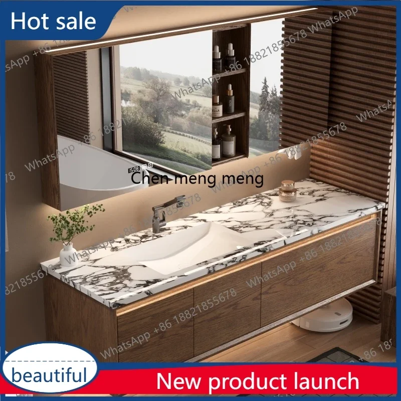 

P32 Medieval style bathroom cabinet combination red oak rock slab hot bending integrated basin washbasin