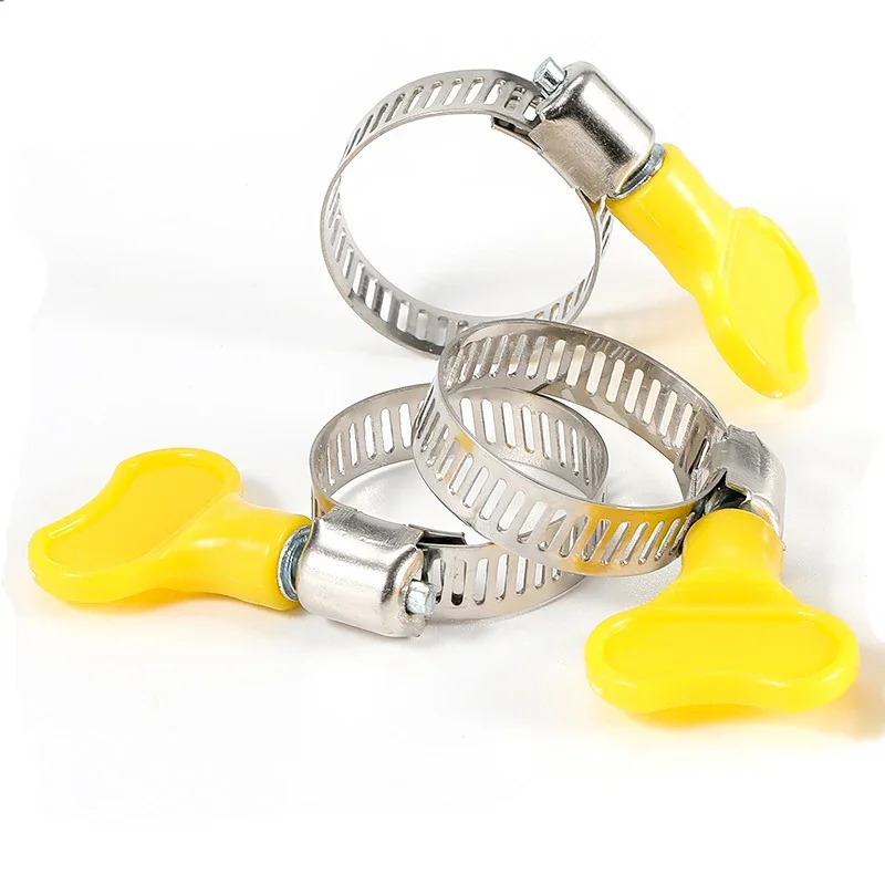 5 pcs 8-44mm Adjustable Yellow Plastic Handle Hand Twist Hose Clamps Worm Driving Stainless steel Pipe Clips For Tube