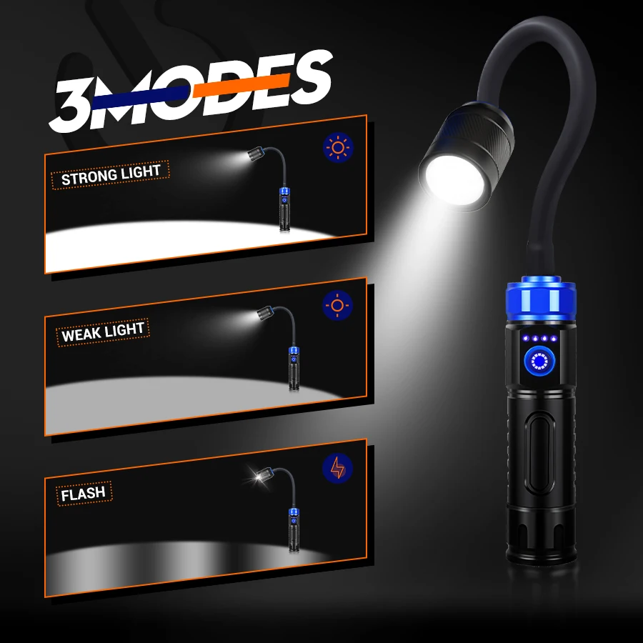 E2 Super Bright Car Repair Light Inspect Rechargeable 360 degree Portable Adjustable Handheld EDC Flashlight Magnetic Tail Torch