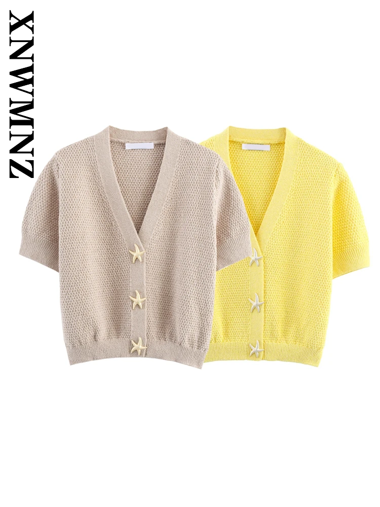 

XNWMNZ 2025 Spring New Woman's Fashion Chic Short Sleeve Knit Cardigan Simple Casual Woman Button V-Collar Short Sleeve Top