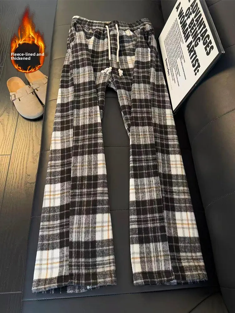 

Американские зимние утепленные шерстяные брюки в клетку на флисовой подкладке для мужчин: повседневные, свободные, прямого кроя, в стиле кэжуал