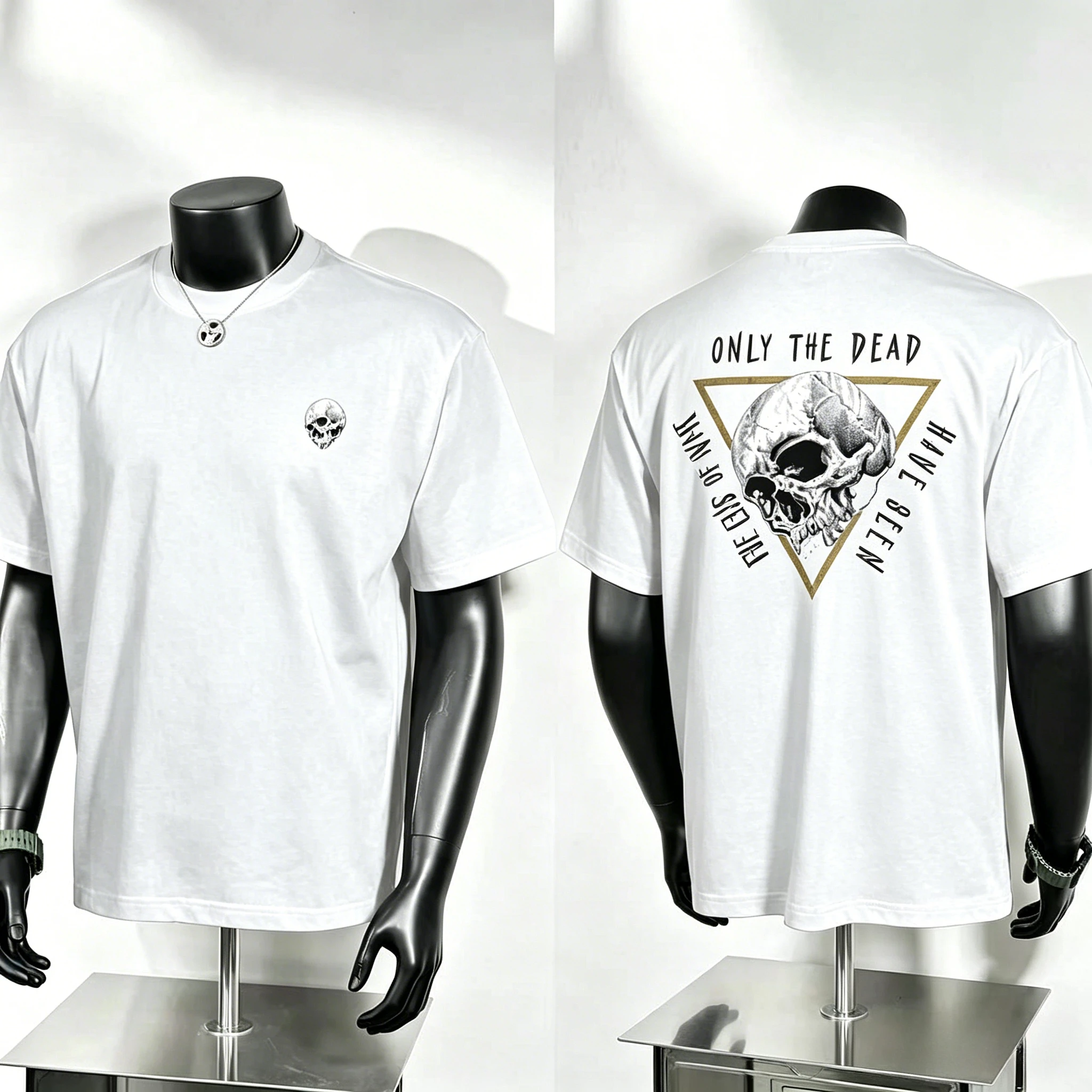 War Themed Dark Graphic T Shirt, Gold Trim Triangle Skull with Only The Dead Slogan Back Print, Rugged Military Street Tee