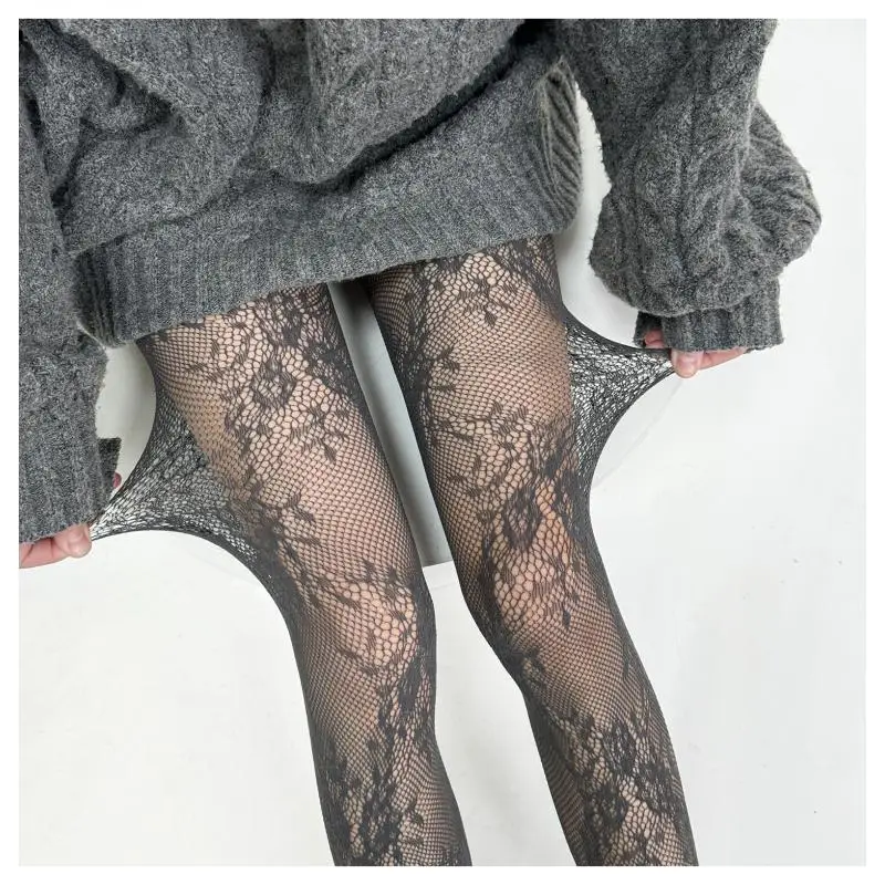 1PCS  Vintage Women Hollow Flower Lace Spice Purple Fishernet Bottom Grey Pantyhose Jacquard Stockings Black Sexy Anti hook Silk