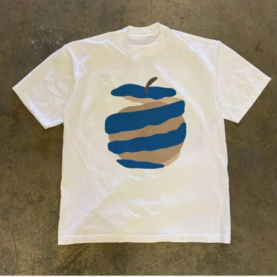 Camiseta Oversized com Estampa Abstrata de Maçã Y2K Verão 2026, Camiseta Casual Retrô Minimalista com Arte de Frutas Estilo Streetwear para Homens e M