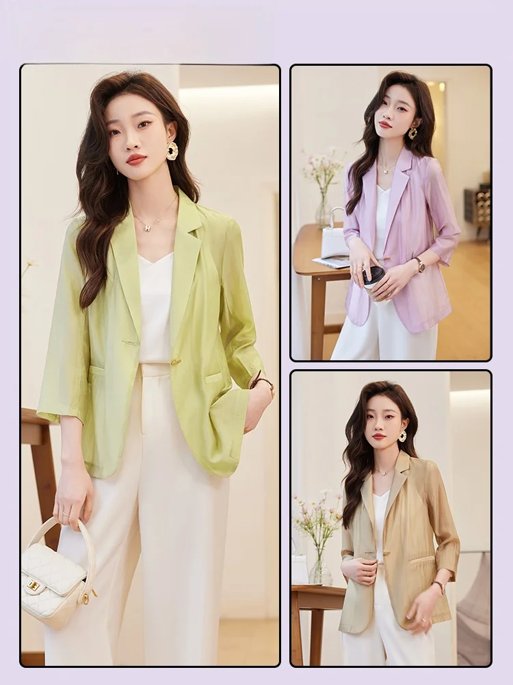 Ladies' Summer 2026 New Style Thin Silk Seven-Quarter Sleeve Small Suit Jacket Sunscreen High-End Feeling Casual Business Wear