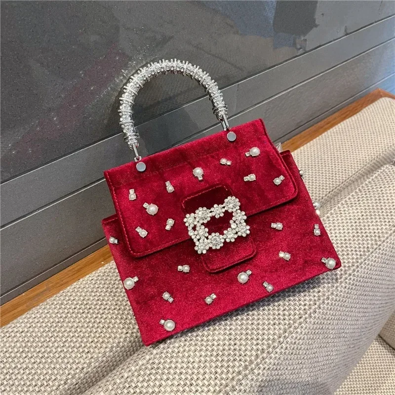 Luxury Evening Bags for Women Retro Pearl Shining Rhinestone Saddle Velvet Handbags Elegant Crossbody Bag with Metal Top-handle