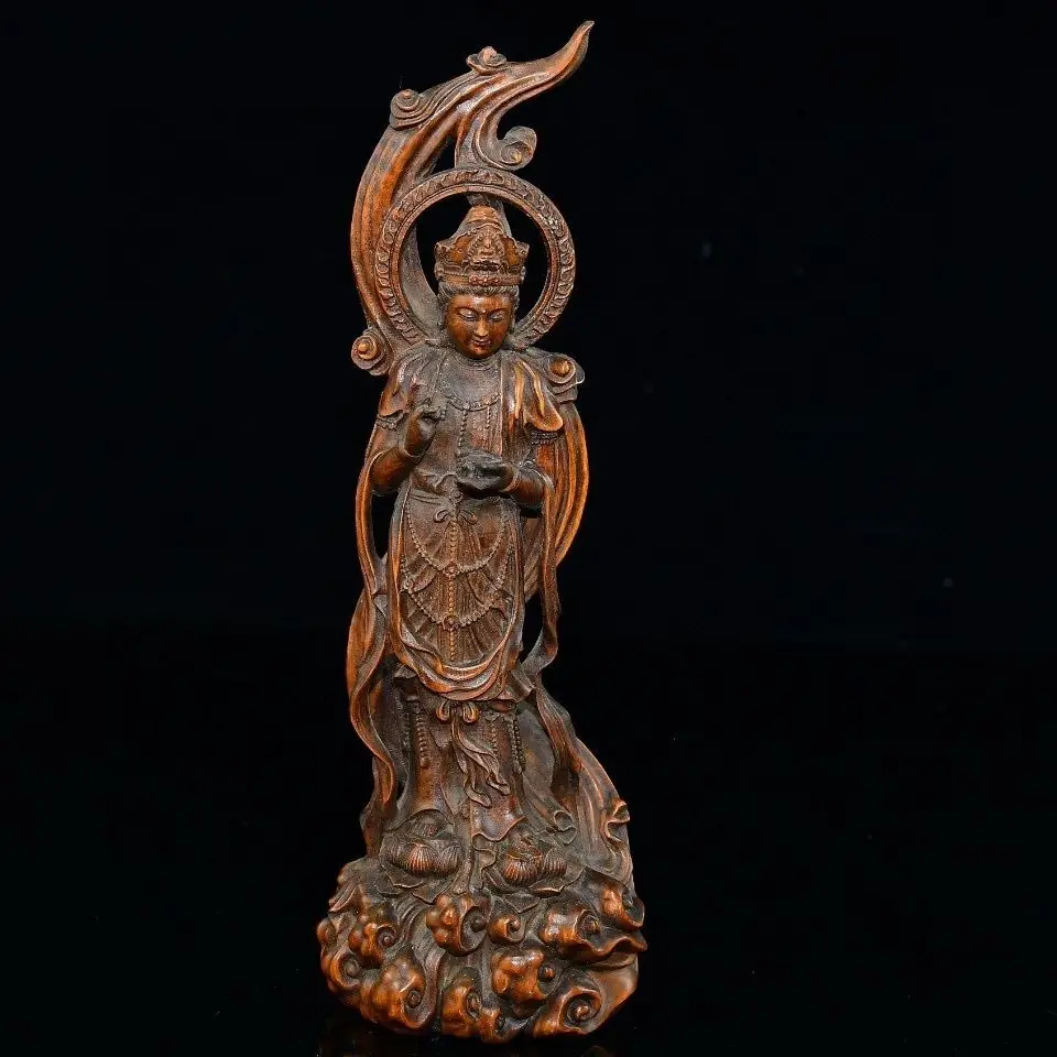 Hand Carved Wood Flame guanyin Statue Figurine Desktop Ornaments Home Decoration