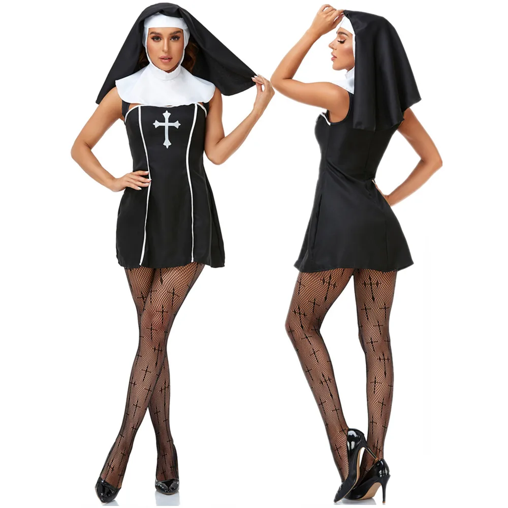 Halloween Costumes for Women Medieval Cosplay The Demon Scary Nun Vampire Costume Dress Headwear Stocking