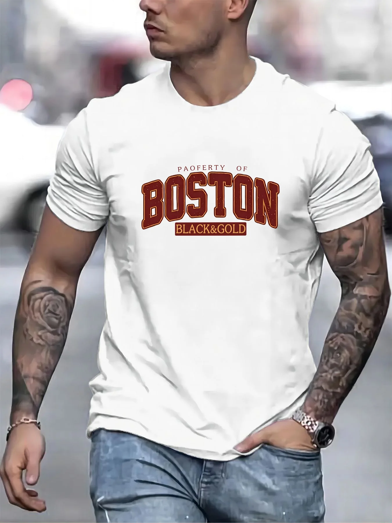Men's Plus Size Boston T-Shirt - Size Range (1XL-6XL) | Ted Crew Neck Short Sleeve With Black & Golden Lettering Print | Slightl