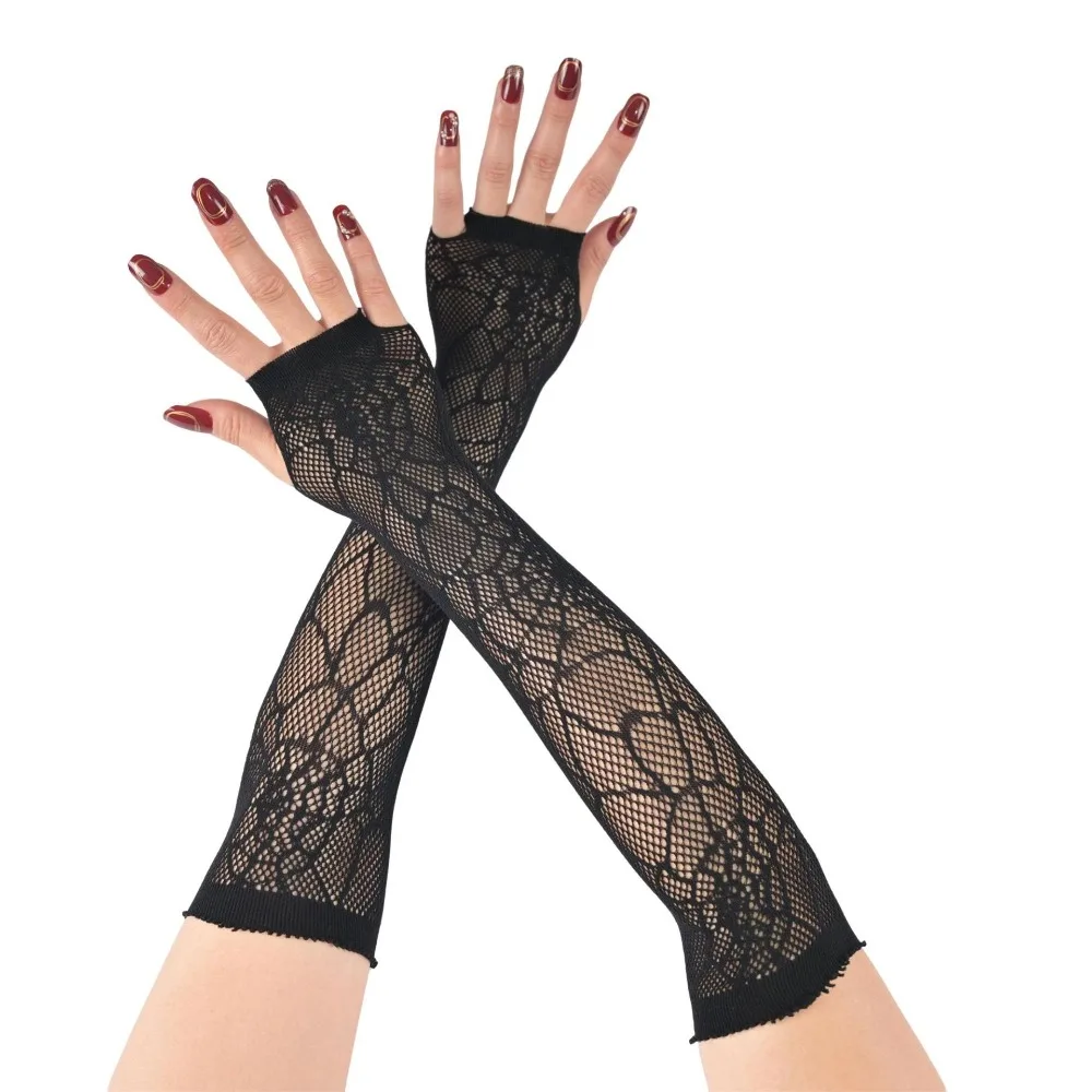 Guantes de telaraña negros de moda gótica, guantes de medio dedo transpirables de manga larga, guantes de rejilla elásticos finos para Halloween
