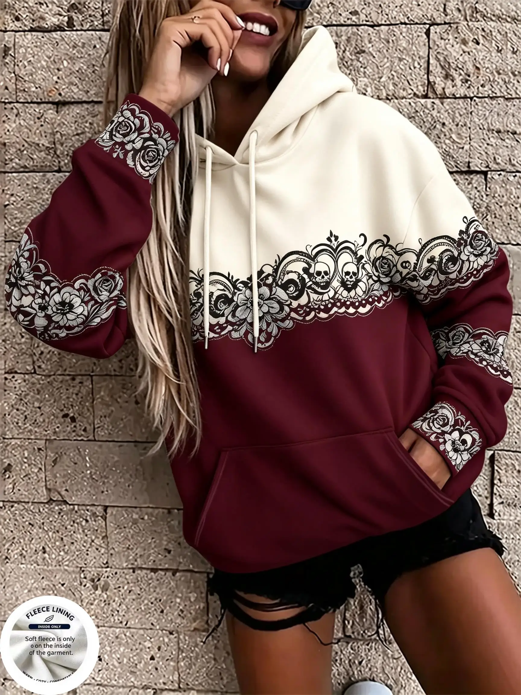 Women Vintage Lace Floral Gradient Print Hooded Fleece Sweatshirt, Bohemian Pattern Long Sleeve Pullover Hoodie
