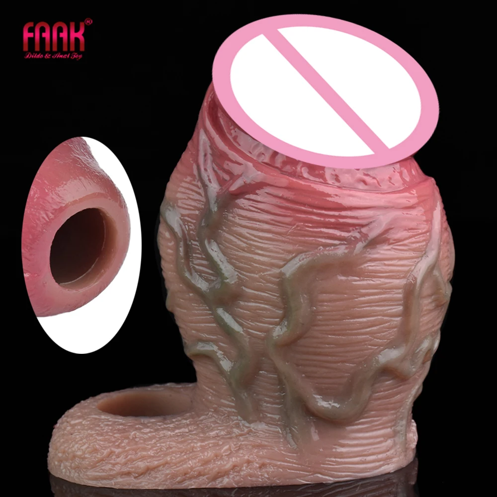 FAAK-funda de pene realista para hombres, funda negra de silicona grande con anillo anticaída, agrandamiento de pene de extremo abierto, Juguetes