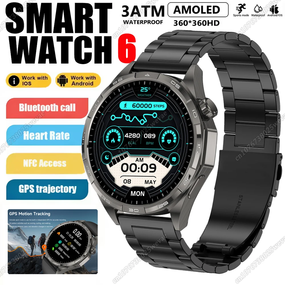 

New Watch GT6 Pro Smart Watch Men 1.50" HD AMOLED GPS Message Reminder Bluetooth Call Monitor Heart rate Smartwatch For Android