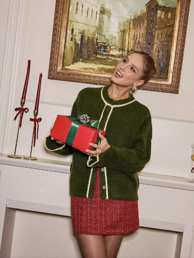 

Women Vintage Green Kintted Cardigan Lady Casual Round Neck Single Breasted Loose Short Sweater Daily Commute Street Cardigans