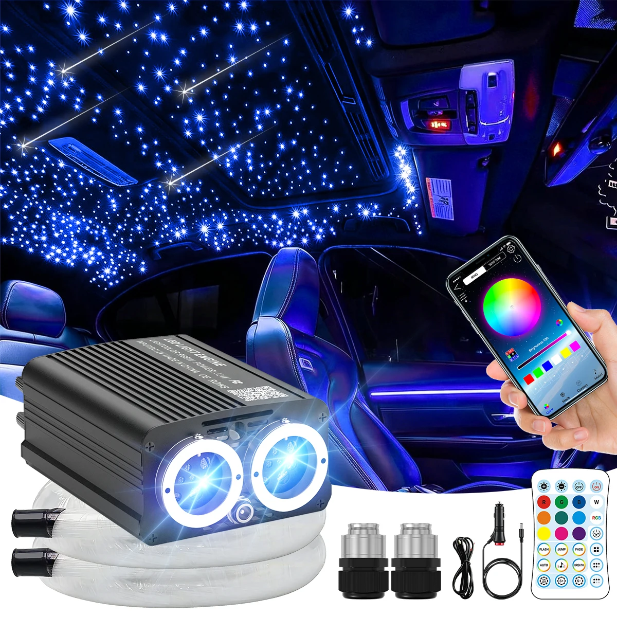 Twinkle Fiber Optic Starlight Headliner Kit, Single/Dual‑Head Sound Activated, APP & Remote Control, 1200pcs 6.5ft/9.8ft/13.1ft Strands With White Meteor, 500/550pcs Without Meteor for Car Home Star Ceiling Lights