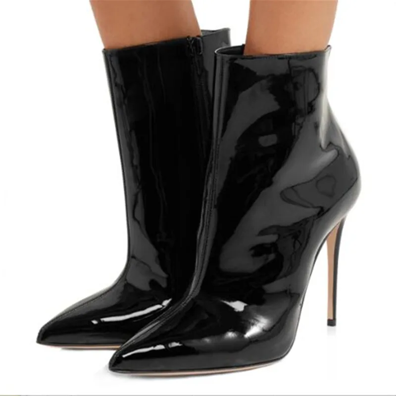 

DIZHUANG shoes Sexy women's high heels boots. About 11 cm heel height. Lacquer leather. Ankle boots. Pointed women's boots,34-45