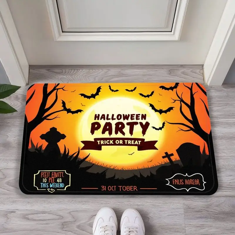 VIKAMA American Retro Cemetery Bat Halloween Party Doormat, Non-Slip Entrance Rug for Foyer & Bathroom, Vintage Decor