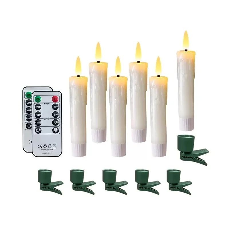 

Flameless LED Taper Candles 3D Wick with Clip Christmas tree Decoration 10-Key Remote w/Timer Paraffin wax Battery Operate H13CM