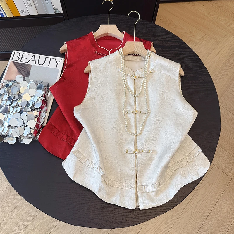 Red Embroidered Buttonless Women's Shirt Sleeveless Top Outerwear Chinese Style National Trend New Autumn Clothes Vest Top