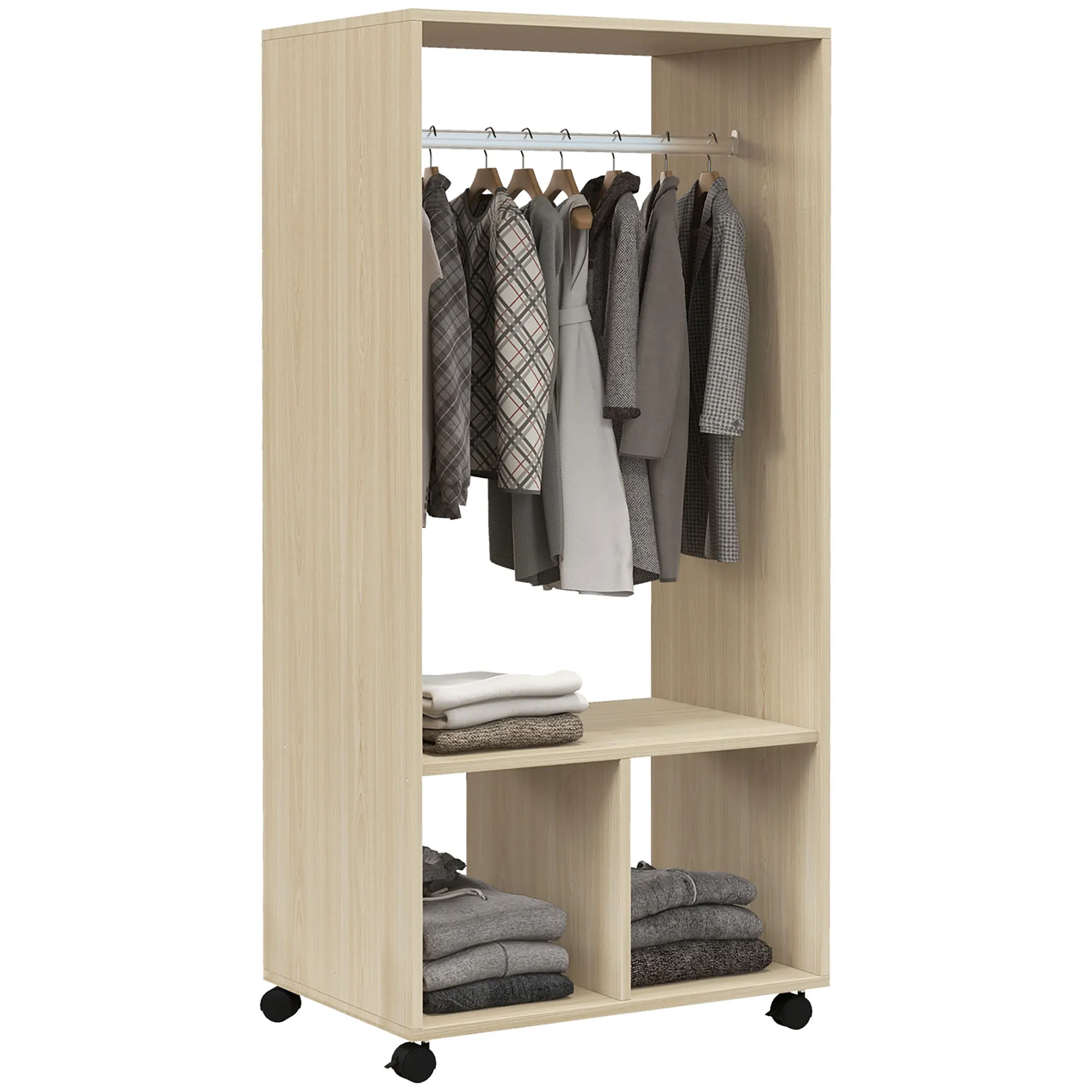 HOMCOM Armario Ropero con Ruedas Barra Estantes Abiertos 60x40x128 cm Natural