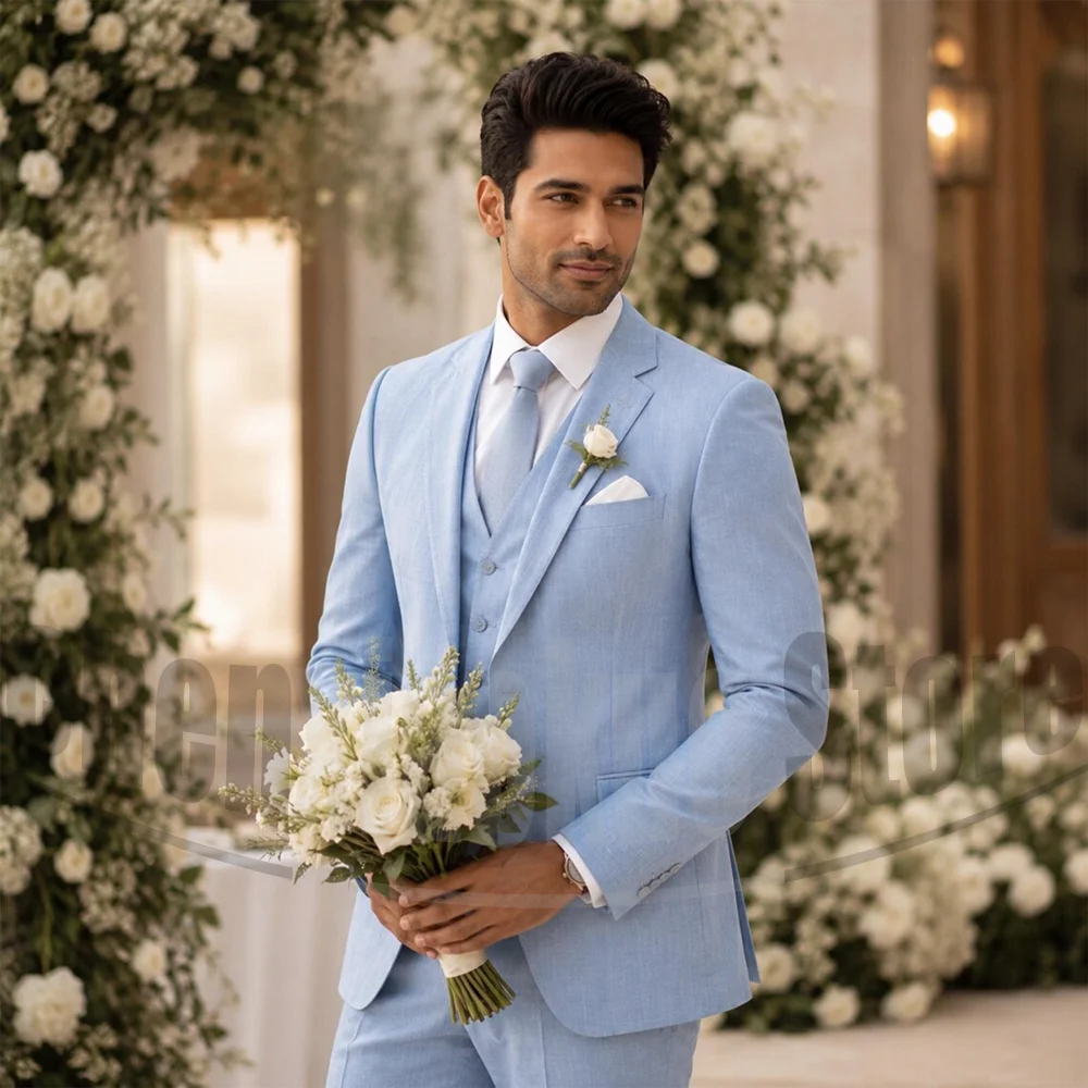 

Fashion Linen 3 Piece Men Suit Slim Blazer Vest Pants Notch Lapel Single Breasted Wedding Groom Summer Banquet Party Tuxedo