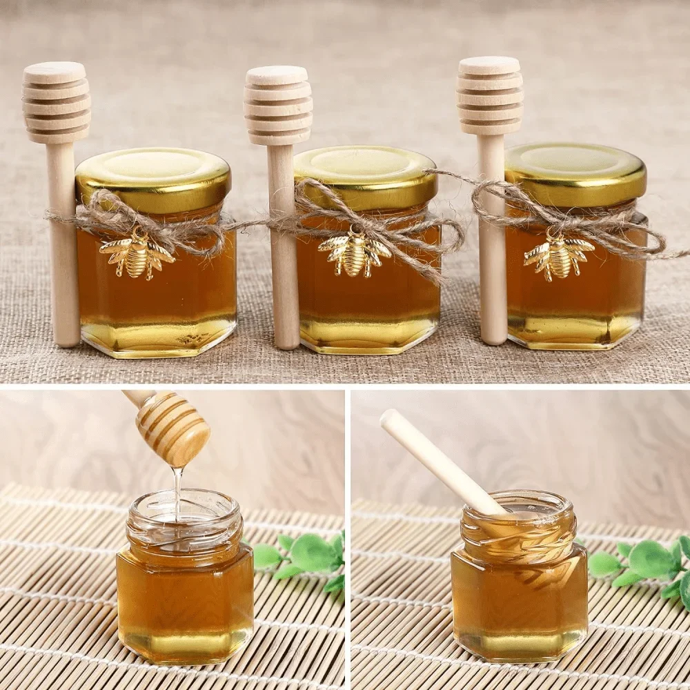 1.5 oz Hexagonal Mini Glass Honey Jar with Wooden Spoon, Bee Pendant and Jutes, Very Suitable Wedding Gifts and Party Gifts.