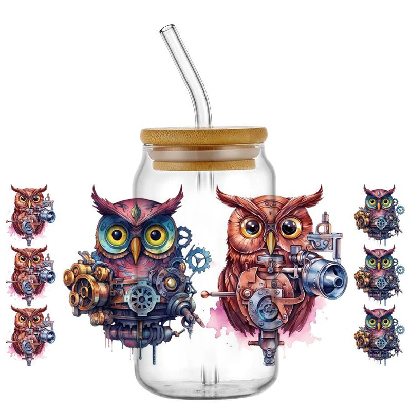 Steampunk Owl UV DTF Wraps, Watercolor Mechanical Bird Stickers for 16oz Glass Cans, Waterproof DIY Transfer Decal