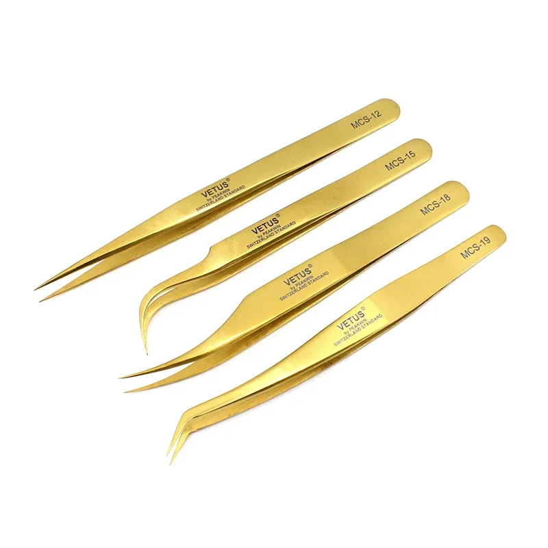 100%Vetus MCS Series Golden colors Premium Beauty Makeup Tweezers for Eyelashes Extension Pinzas Super precision