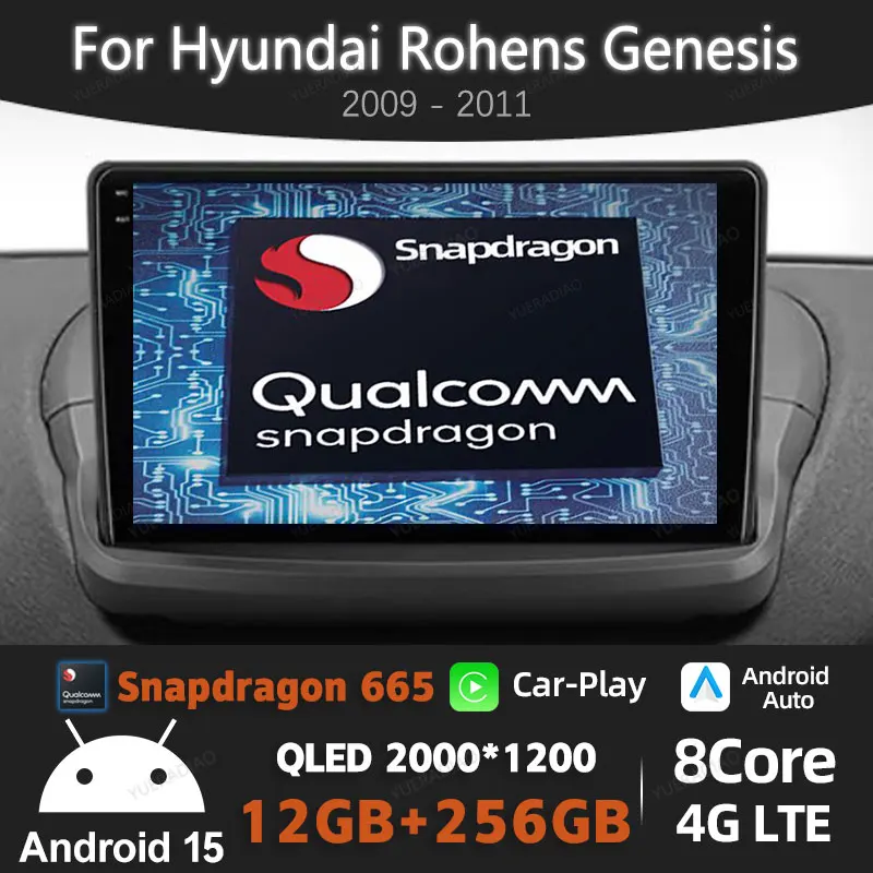 

Автомобильное радио Android 15 для Hyundai Rohens Genesis 2009-2011 Qualcomm Head Unit 4G WIFI GPS NAVI QLED BT 2DIN LTE 5G Carplay Auto