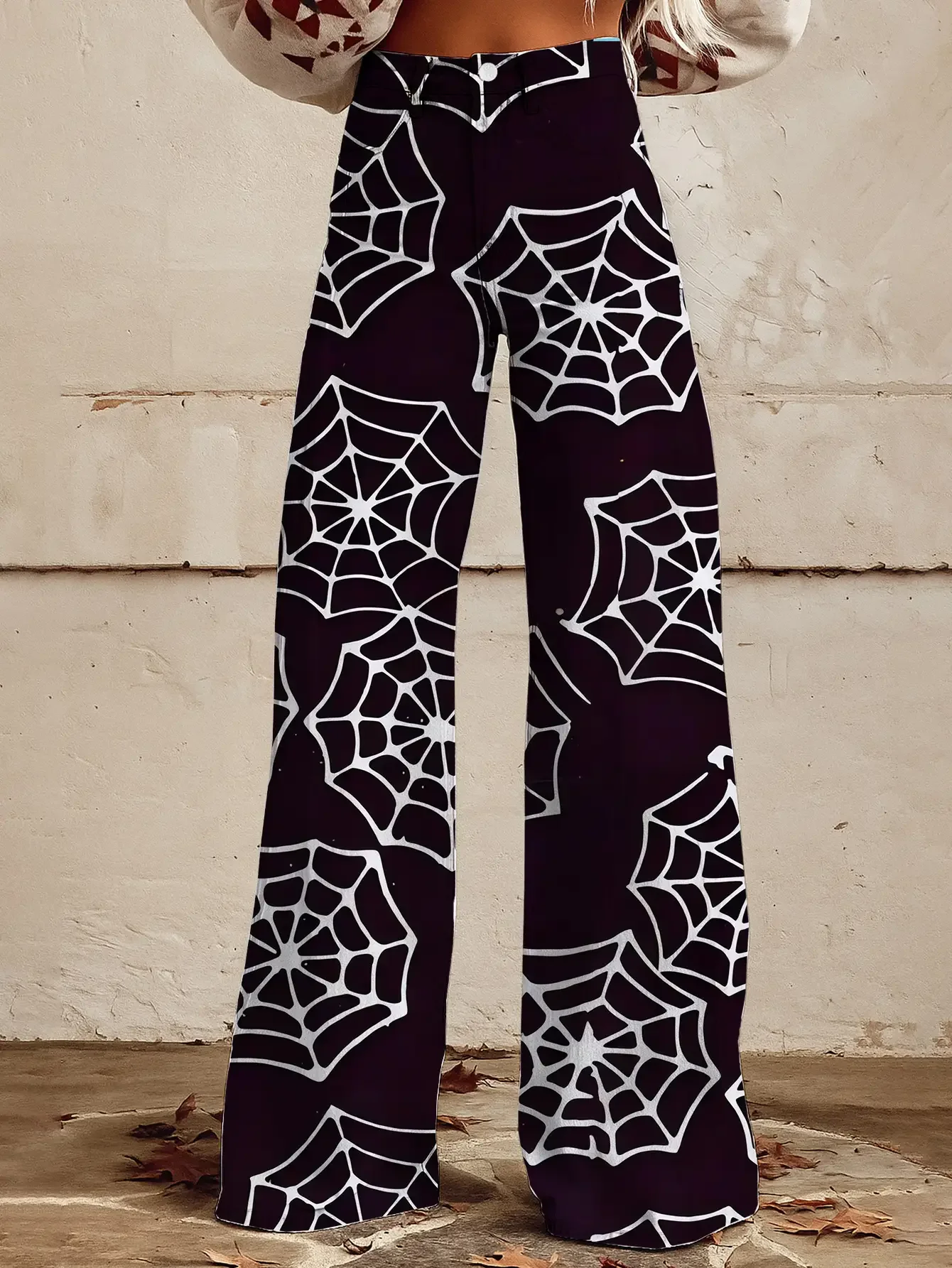 Women's printed exquisite pattern wide leg imitation jeans, lightweight casual pants, Ladies' autumn clothing