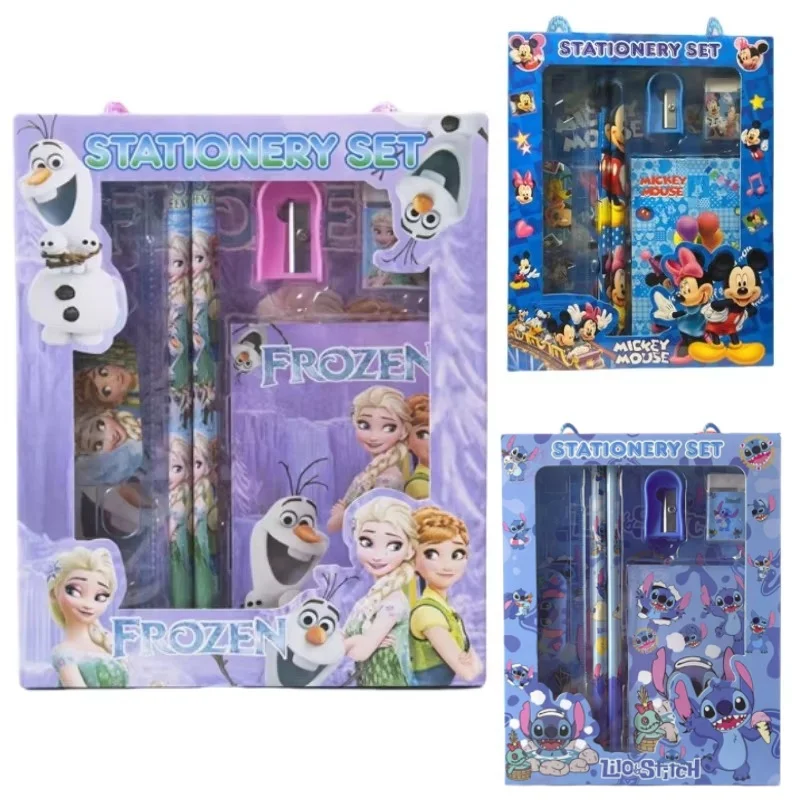6 unids/set Frozen Mickey Stitch papelería Set regalos escolares con lápiz sacapuntas borrador cuaderno regla