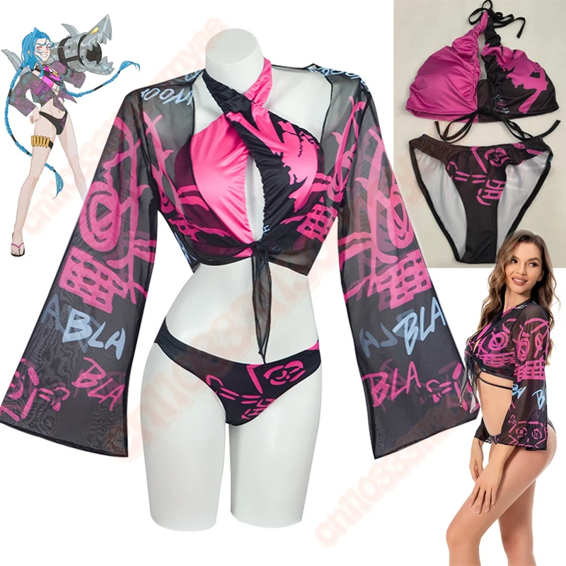 

LOL Arcane Jinx Vi Cosplay Swimsuit Costume for Women Bikinis Set Girls Swimwear Fantasia Roleplay Outfits Halloween Suit Female