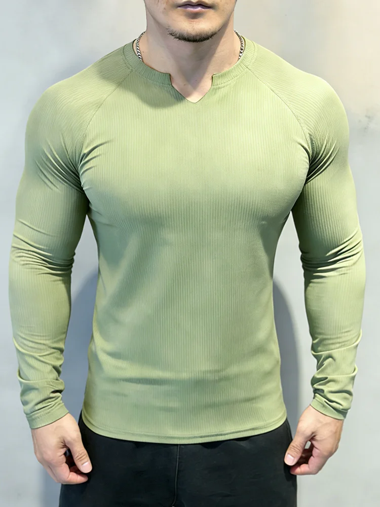 

Men's V-Ne Long Sve Fitn Running T-irt Breathable Warm High Elastic Color Trendy Autumn Winter New Arrival