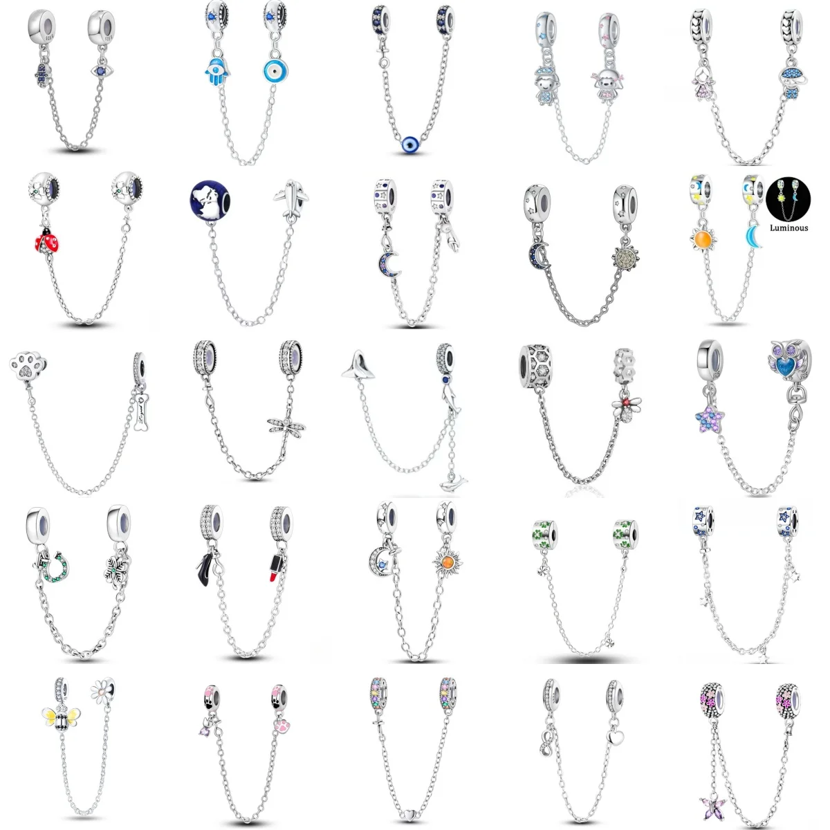 Charm Safety Chain 925 Silver Dragonfly, Bee, Owl Star Moon Pendant Bead Bracelet DIY Women's Wedding Commemorative Gift
