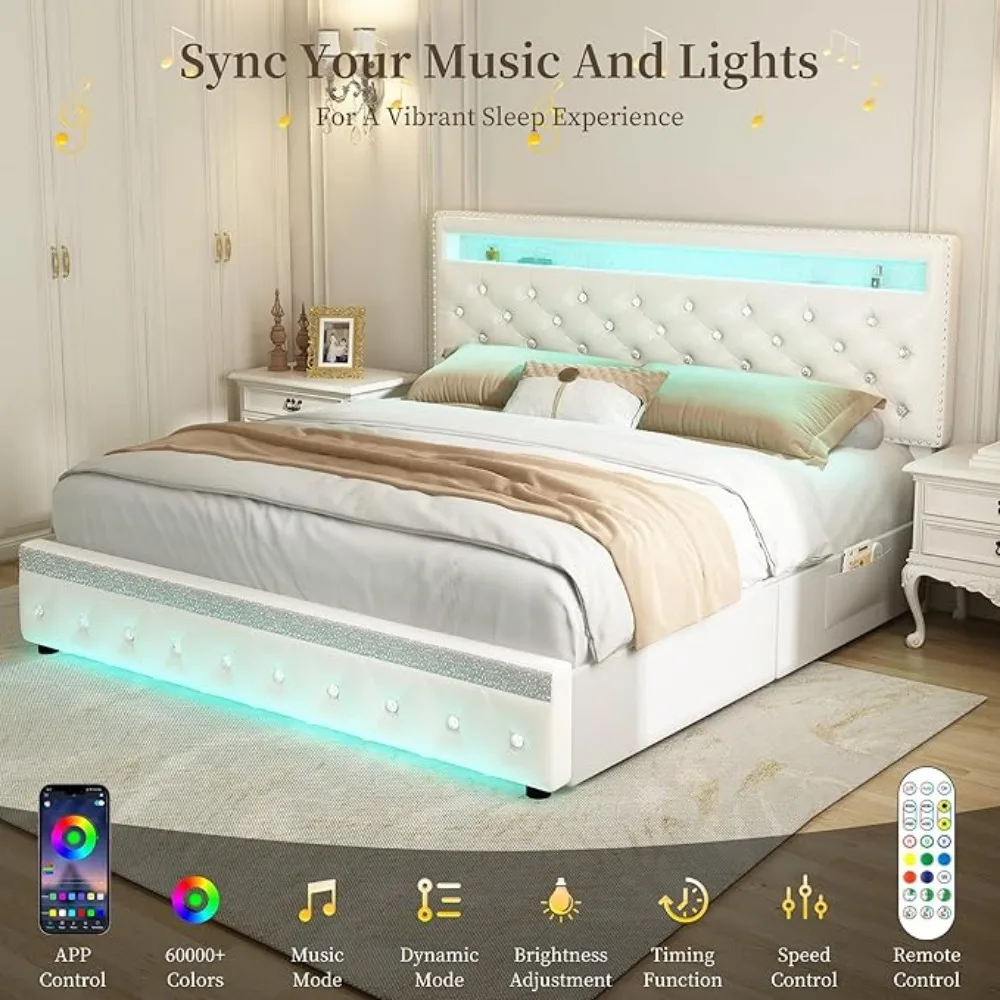 Led Bed Frame with 2 Drawers, Modern Metal Platform Bed Frames Queen Size with Storage, Adjustable Height Crystal Button