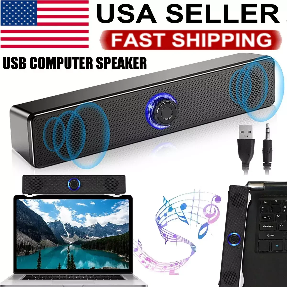 

Stereo Bass Sound Computer Speakers 3.5mm USB Wired Soundbar for Desktop Laptop