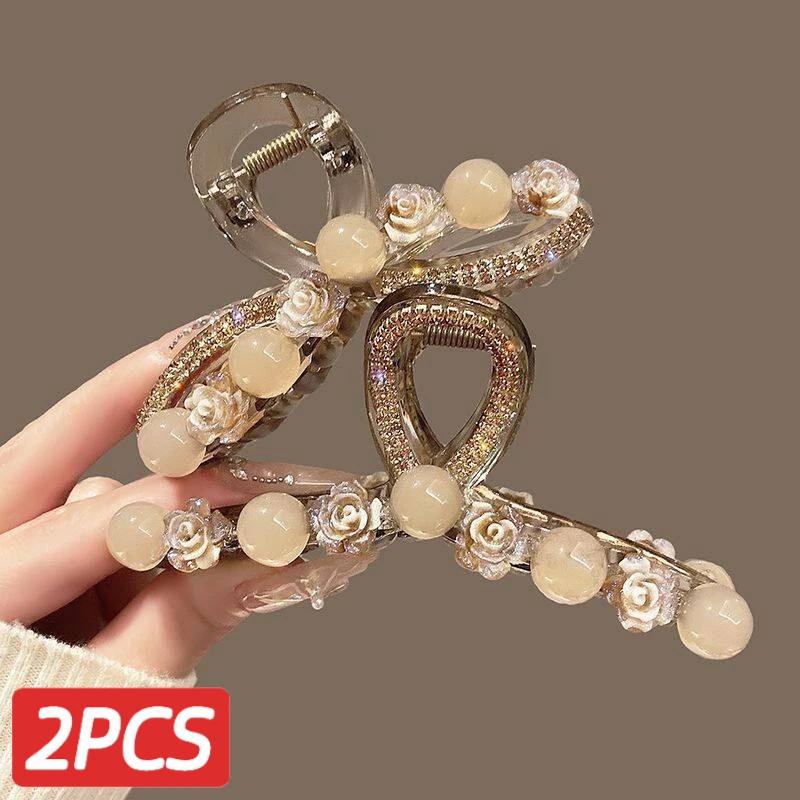 Elegant New Style Fragrant Style Camellia Flower Pearl Light Luxury Back Head Clip Hairpin Disc Hair Shark Hairpin Headwear