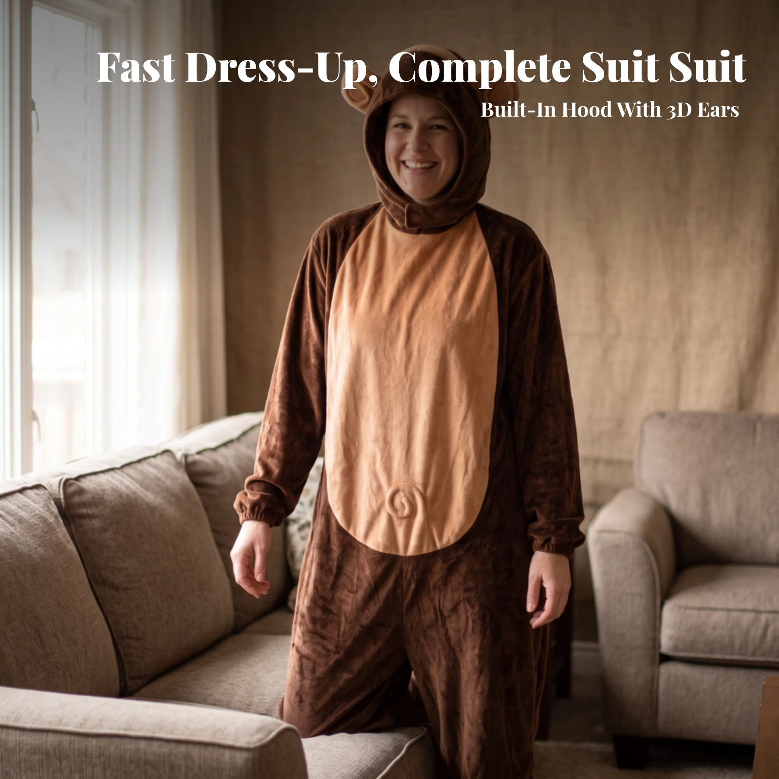 Monkey Costume Soft Monkey Costume with Hood Animal Jumpsuit Comfortable Apparel Cozy for Adults, Halloween, Themed Parties