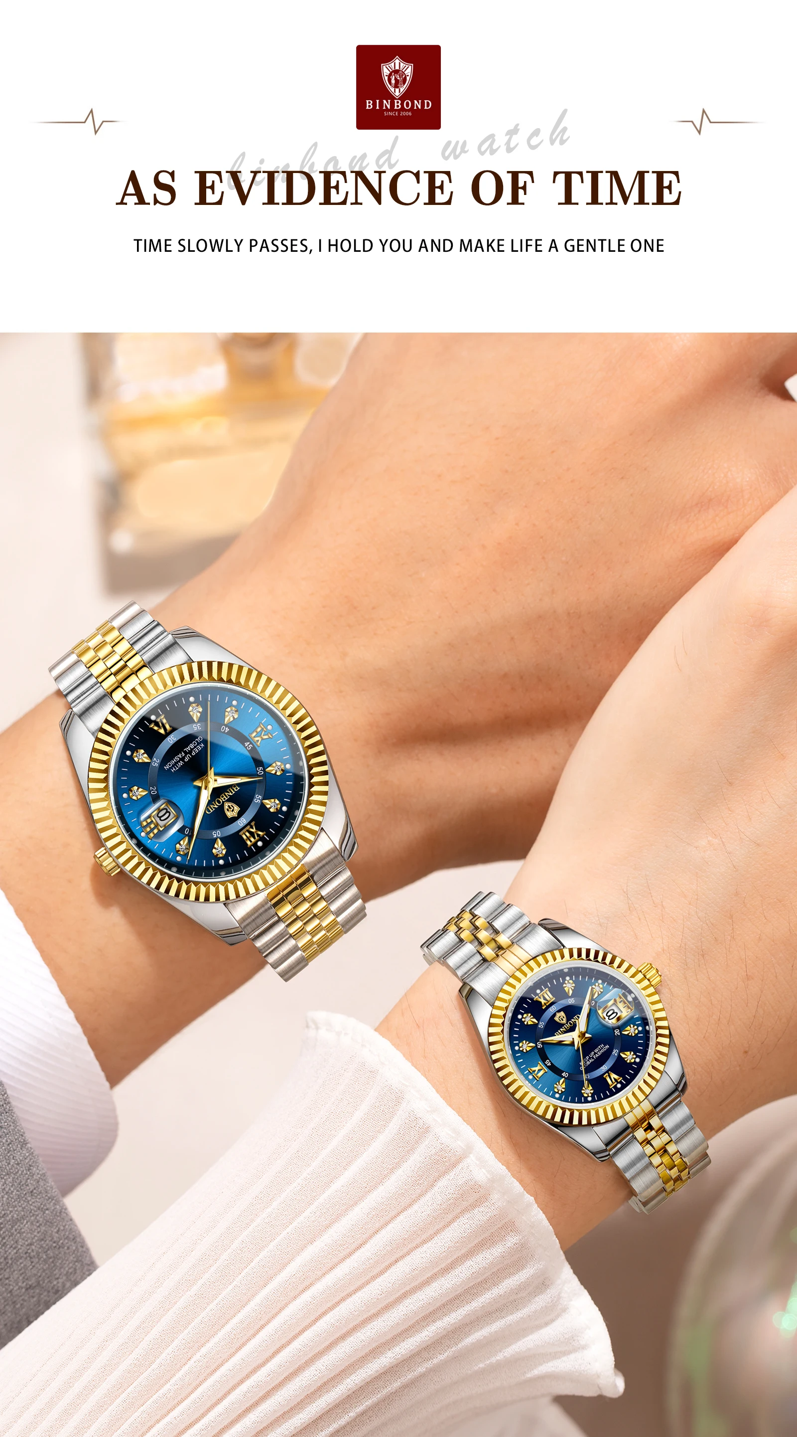BINBOND Original Couple's Quartz Watches Luminous Waterproof Gift For Lover Men's Women's Watch Mujer Relojios +Gift Box