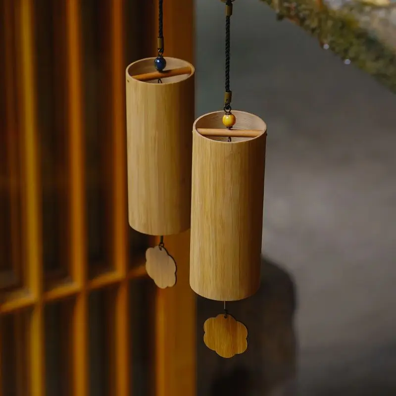 Natural Handmade Wood Color Bamboo Wind Chimes Rustic Hanging Chimes For Outdoor Yard Garden Patio Indoor Home Meditation Decor